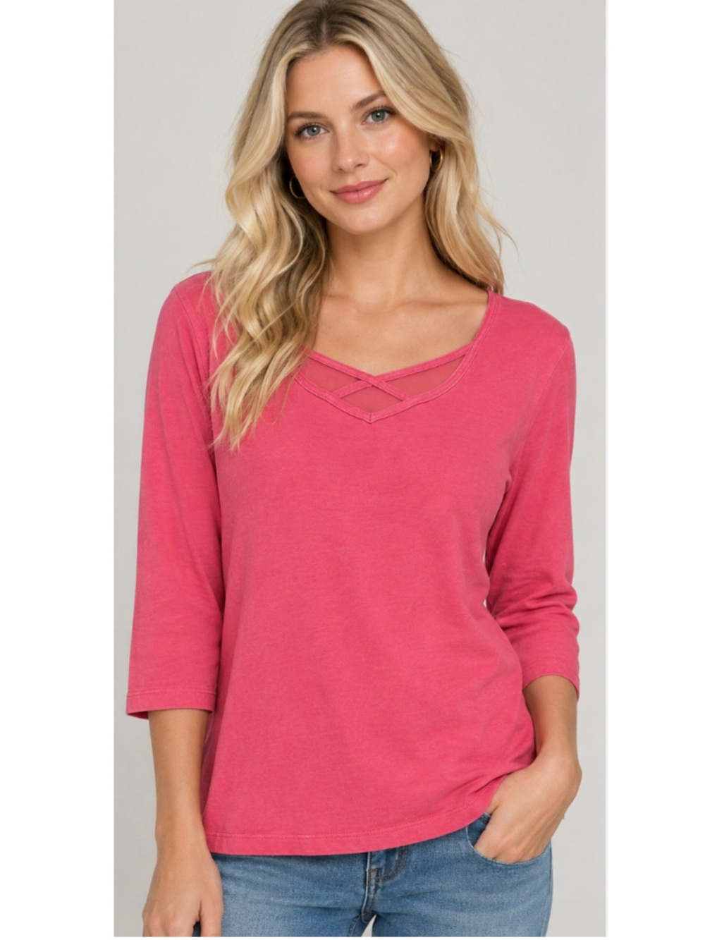 Rafaella Studio mesh cross front 3/4 sleeve coral top